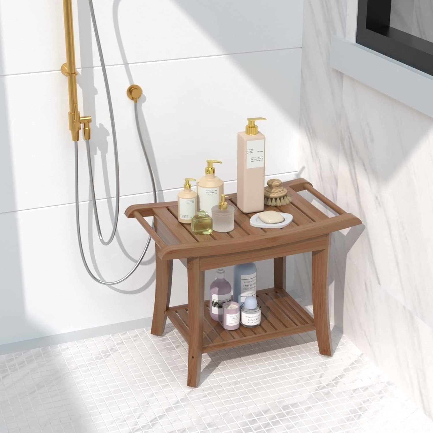 Waterproof Bamboo Shower Stool with Storage Shelf - Elegant Walnut Finish