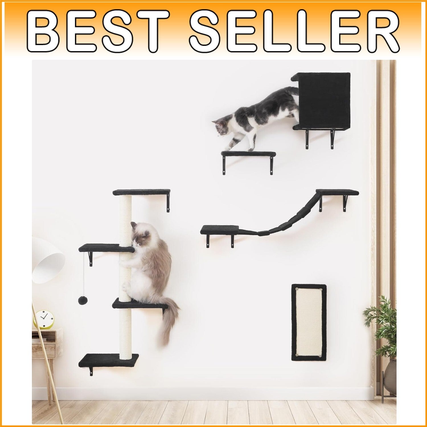 Durable Cat Wall Furniture - 5pcs Wooden Shelves, Bridge & Scratcher for Cats