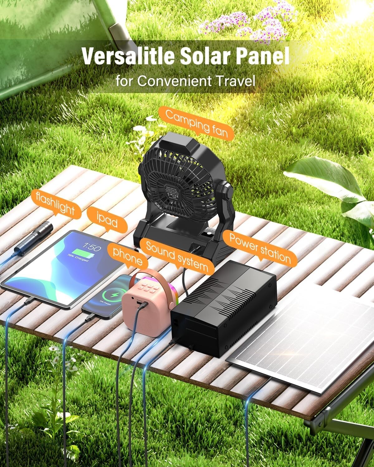 Portable 9-Inch Solar Fan with Adjustable Height & Bladeless Design for Outdoors