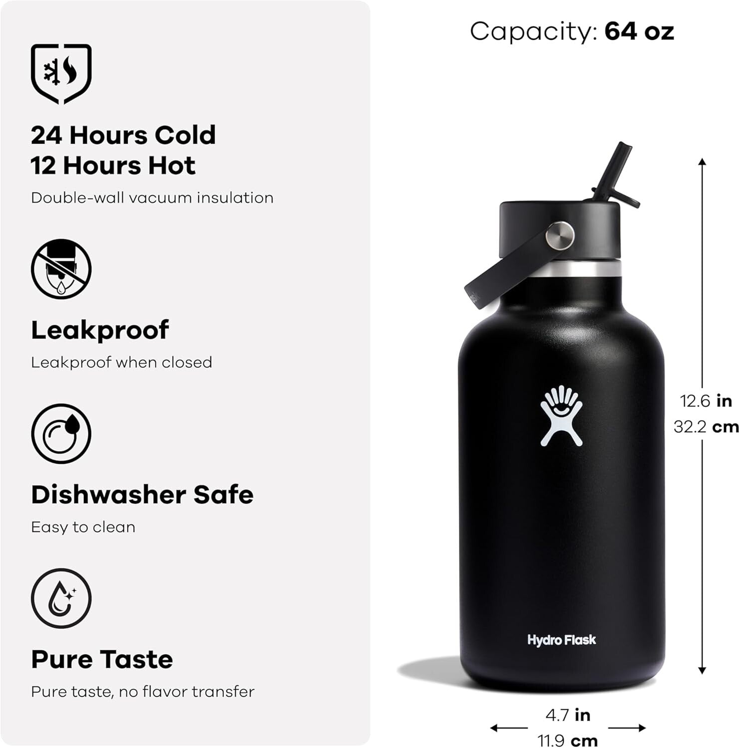 64 Oz Vacuum Insulated Stainless Steel Water Bottle with Leakproof Straw Lid