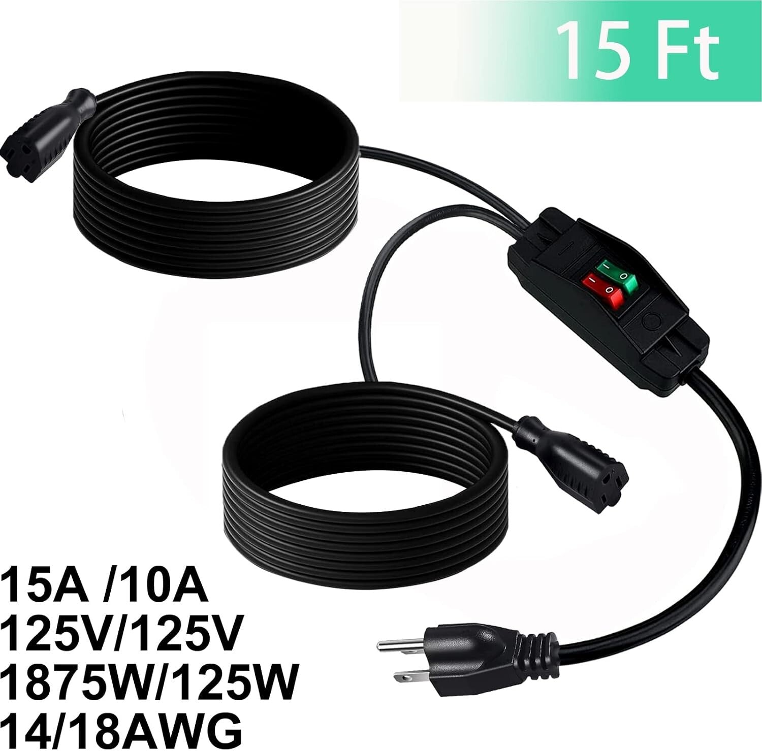 2-Way Outdoor Power Splitter Extension Cord with On/Off Switch - 15 Feet Long