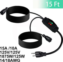 Load image into Gallery viewer, 2-Way Outdoor Power Splitter Extension Cord with On/Off Switch - 15 Feet Long