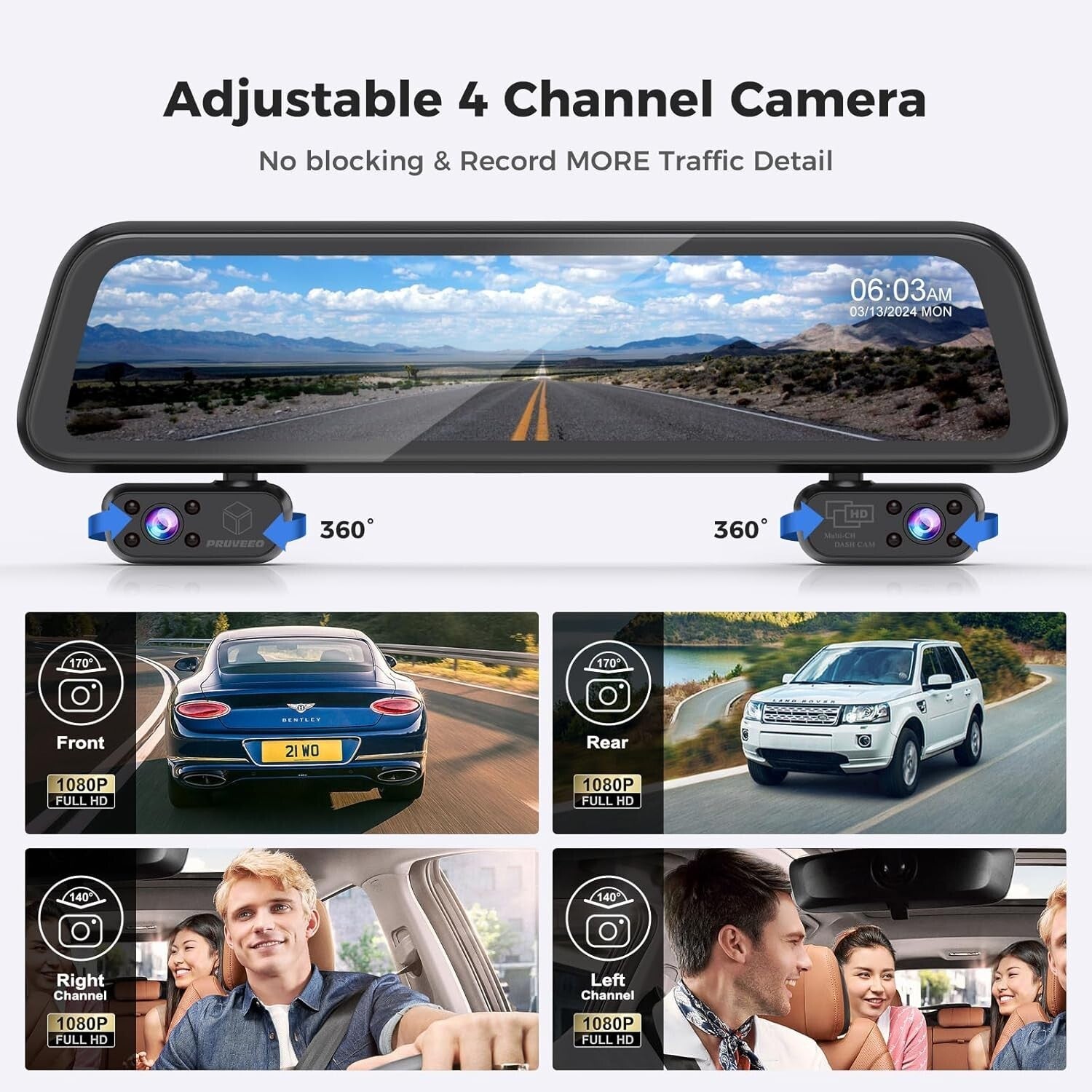 12'' 4-Channel Mirror Dash Cam with 360° View, GPS & Night Vision - 128GB Card