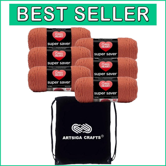 Durable 6-Skein Super Saver Acrylic Yarn in Coral with Easy Carry Project Bag
