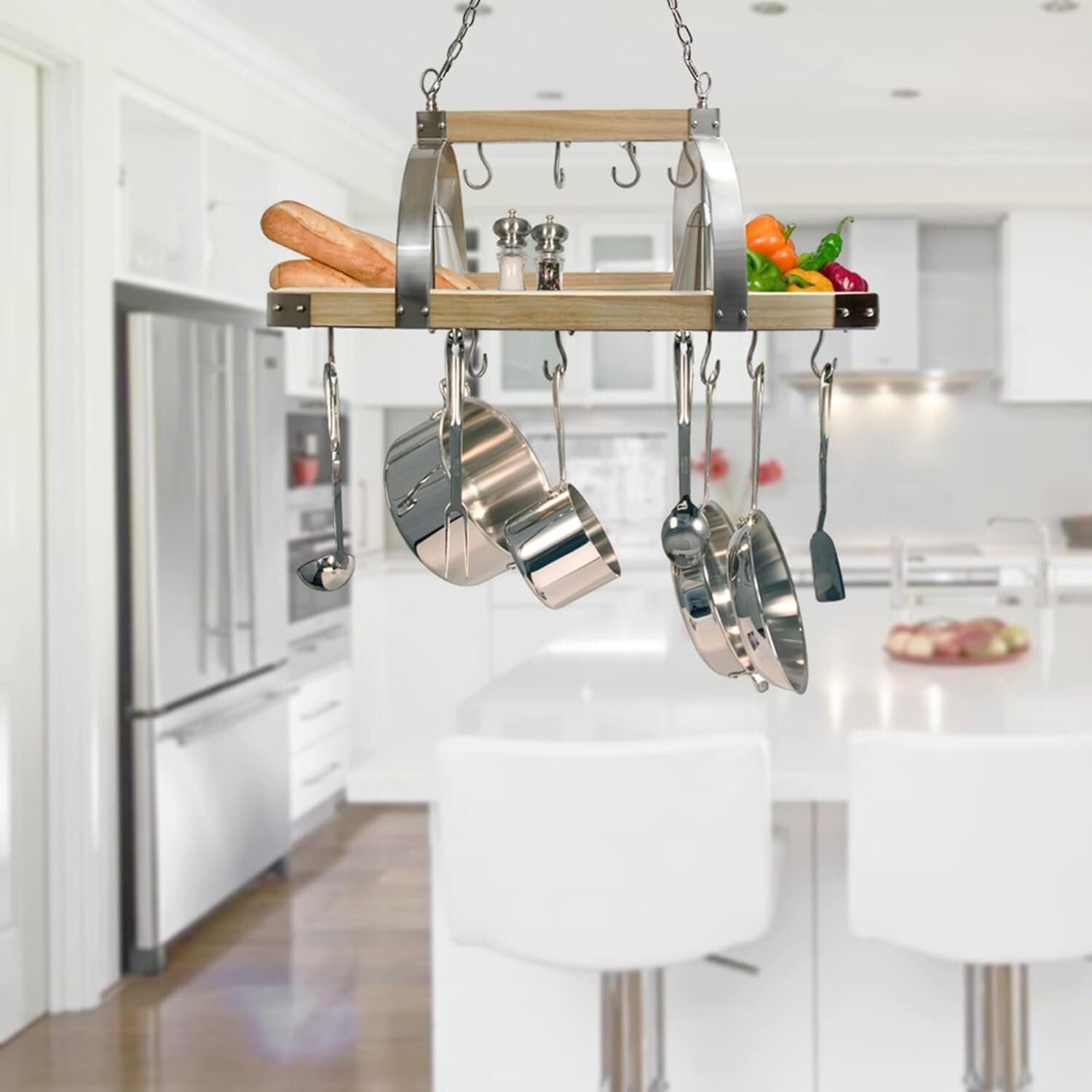 Elegant Ceiling-Mounted Wood Pot Rack with 2 Lights - Perfect Kitchen Organizer