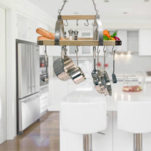 Load image into Gallery viewer, Elegant Ceiling-Mounted Wood Pot Rack with 2 Lights - Perfect Kitchen Organizer