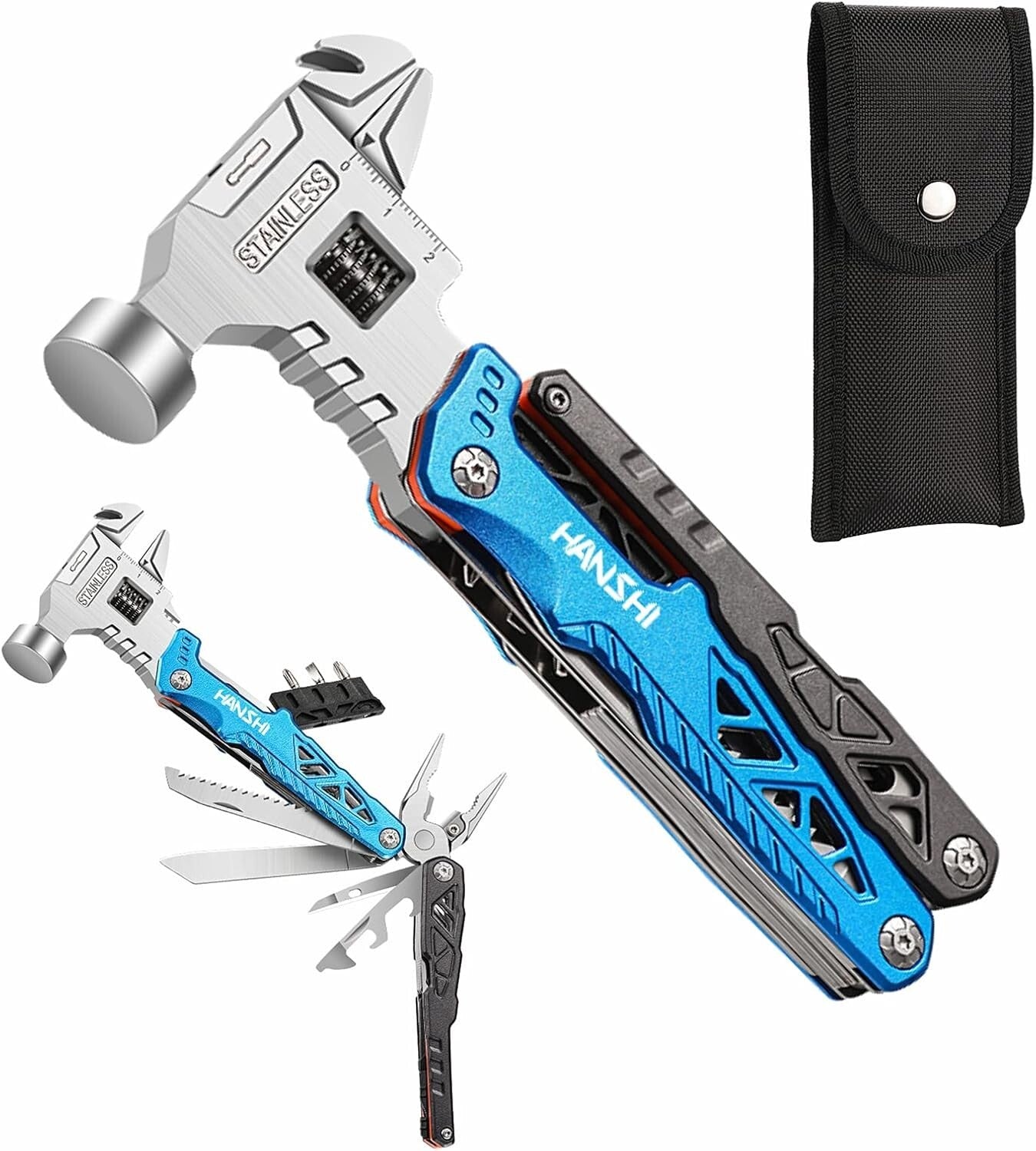 Compact Blue Multitool Hammer with Spring-Action Pliers for Adventure Seekers