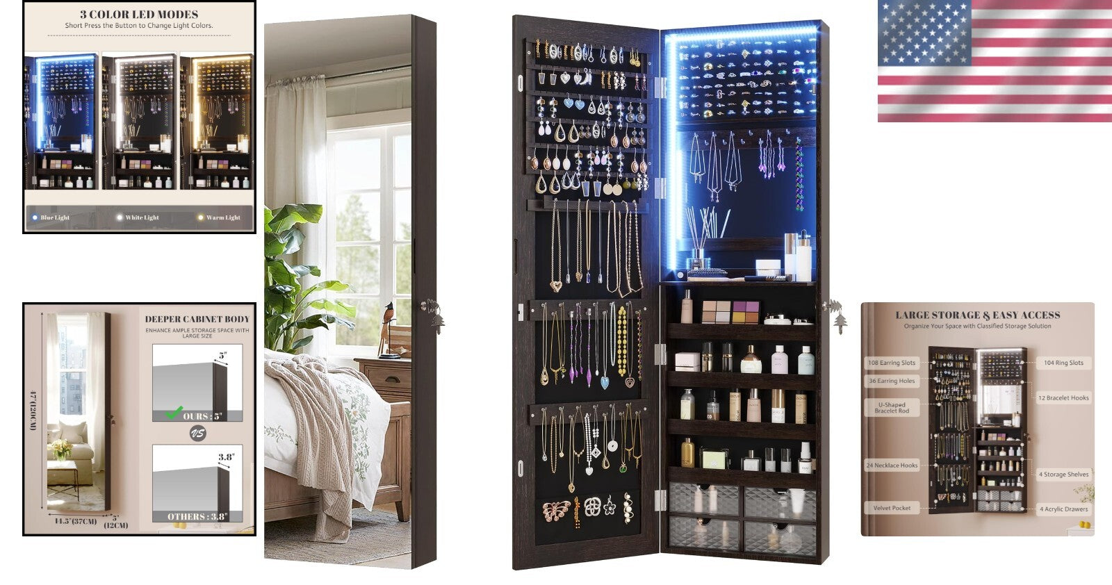 Modern 47.2" Jewelry Storage Cabinet with Full-Length Mirror & Built-in Lighting