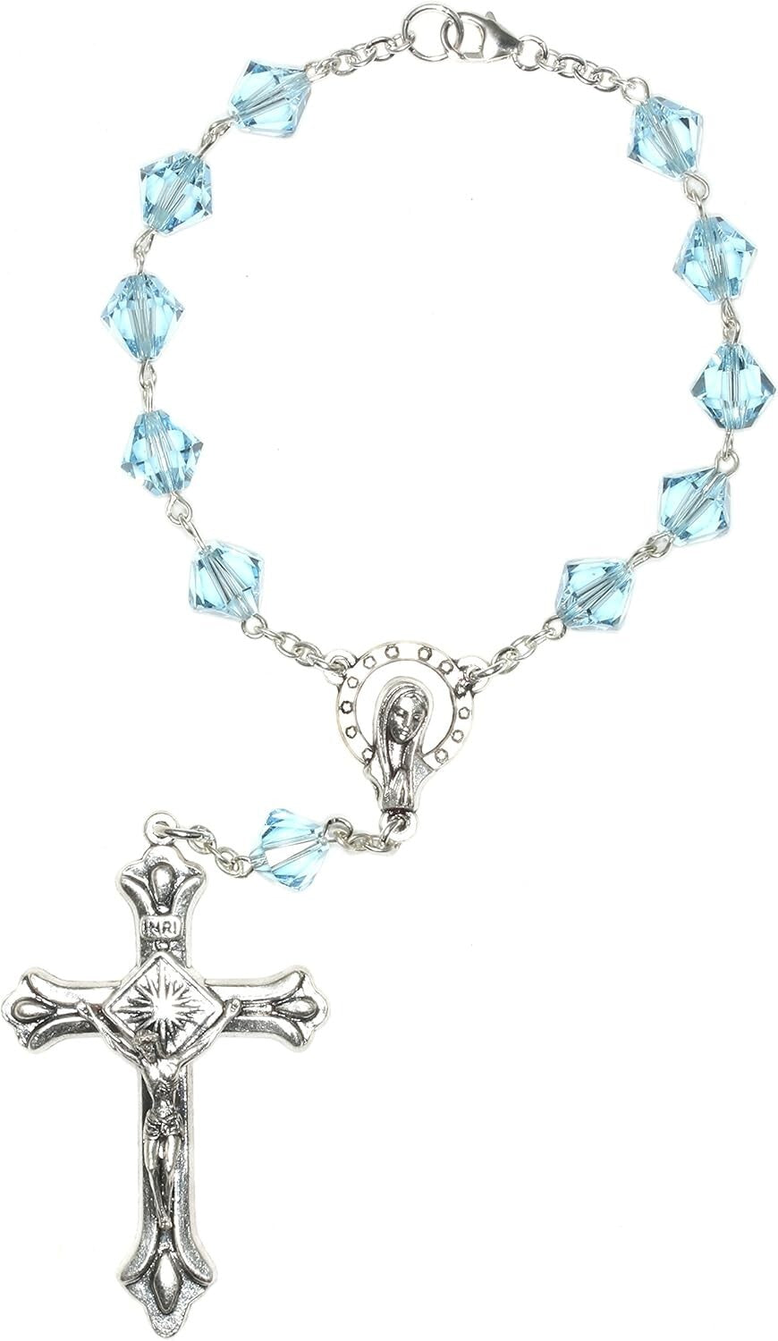 Austrian Crystal Aquamarine Auto Clasp Rosary with Holy Card - March Birthstone