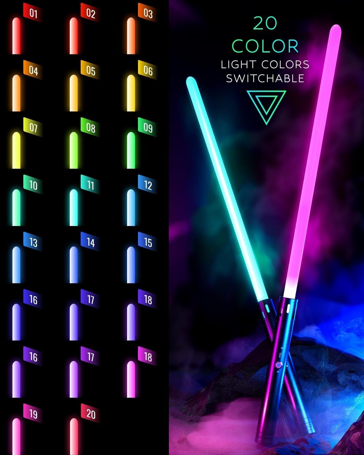 Dueling Lightsaber Toy - 20 Colors & Sounds, Rechargeable for Kids & Adults