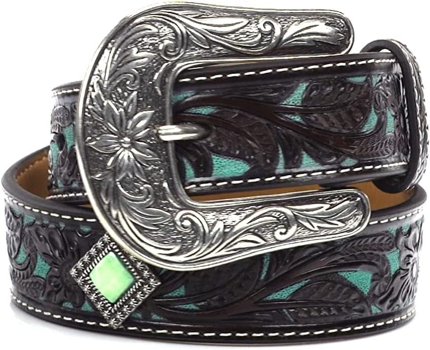 Stylish Girls' Leather Belt with Diamond Turquoise Conchos & Flower Design