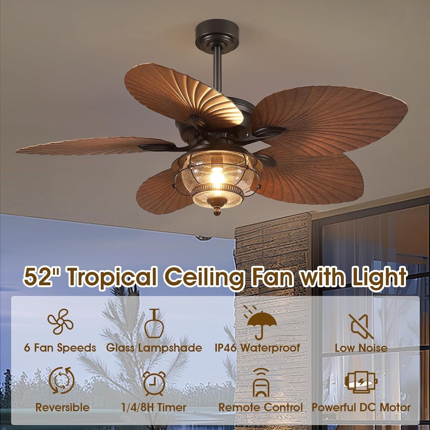 Remote Control 52 Inch Tropical Ceiling Fan with LED Light for Indoor/Outdoor