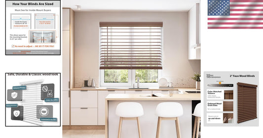 Cordless Dark Oak Faux Wood Blinds, 33.75" W x 72" H, Stylish Window Treatment