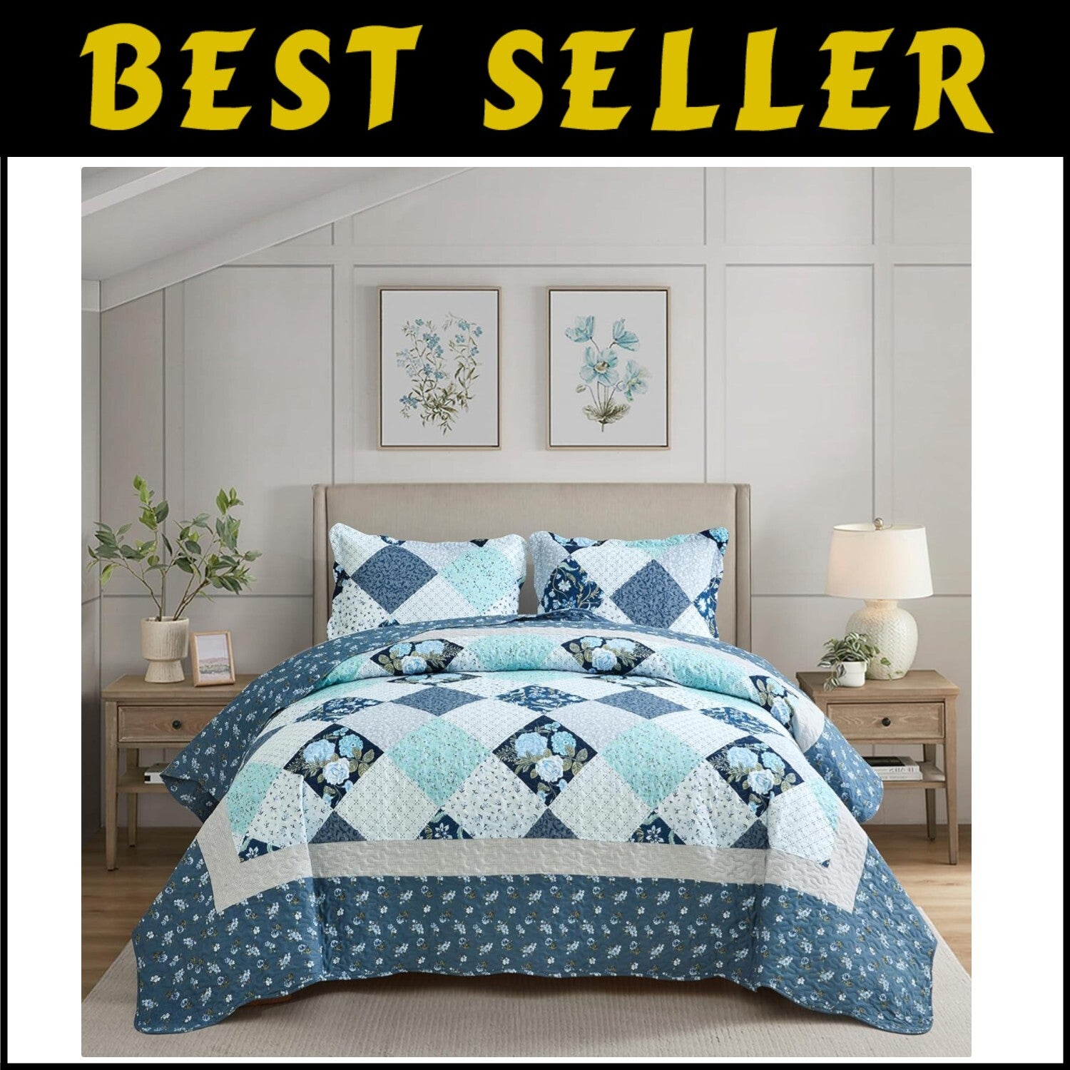 Luxury King Size Quilt Set - Lightweight Floral Bedspread with Scalloped Edge