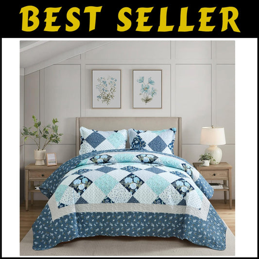 Luxury King Size Quilt Set - Lightweight Floral Bedspread with Scalloped Edge