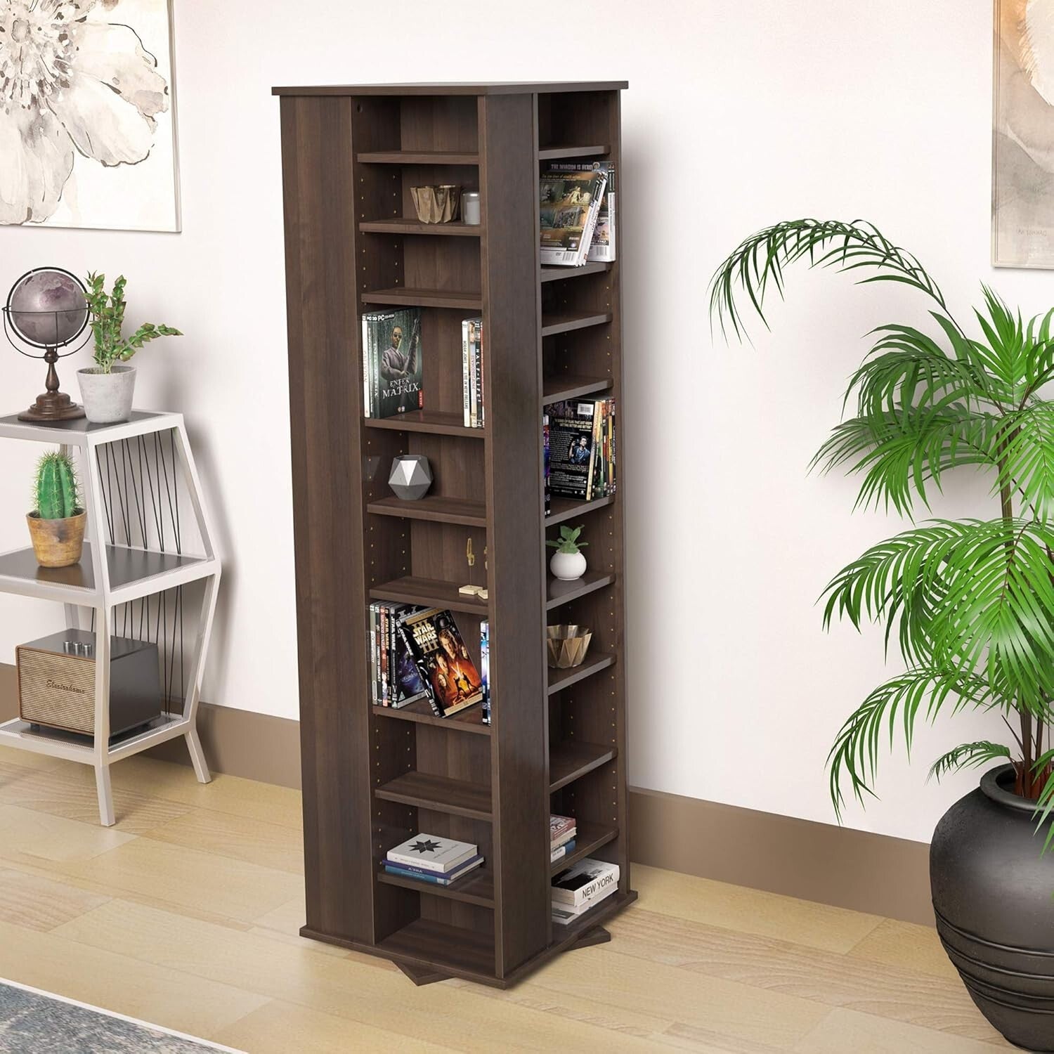 Espresso 4-Sided Revolving Media Storage Cabinet – Space-Saving Tower