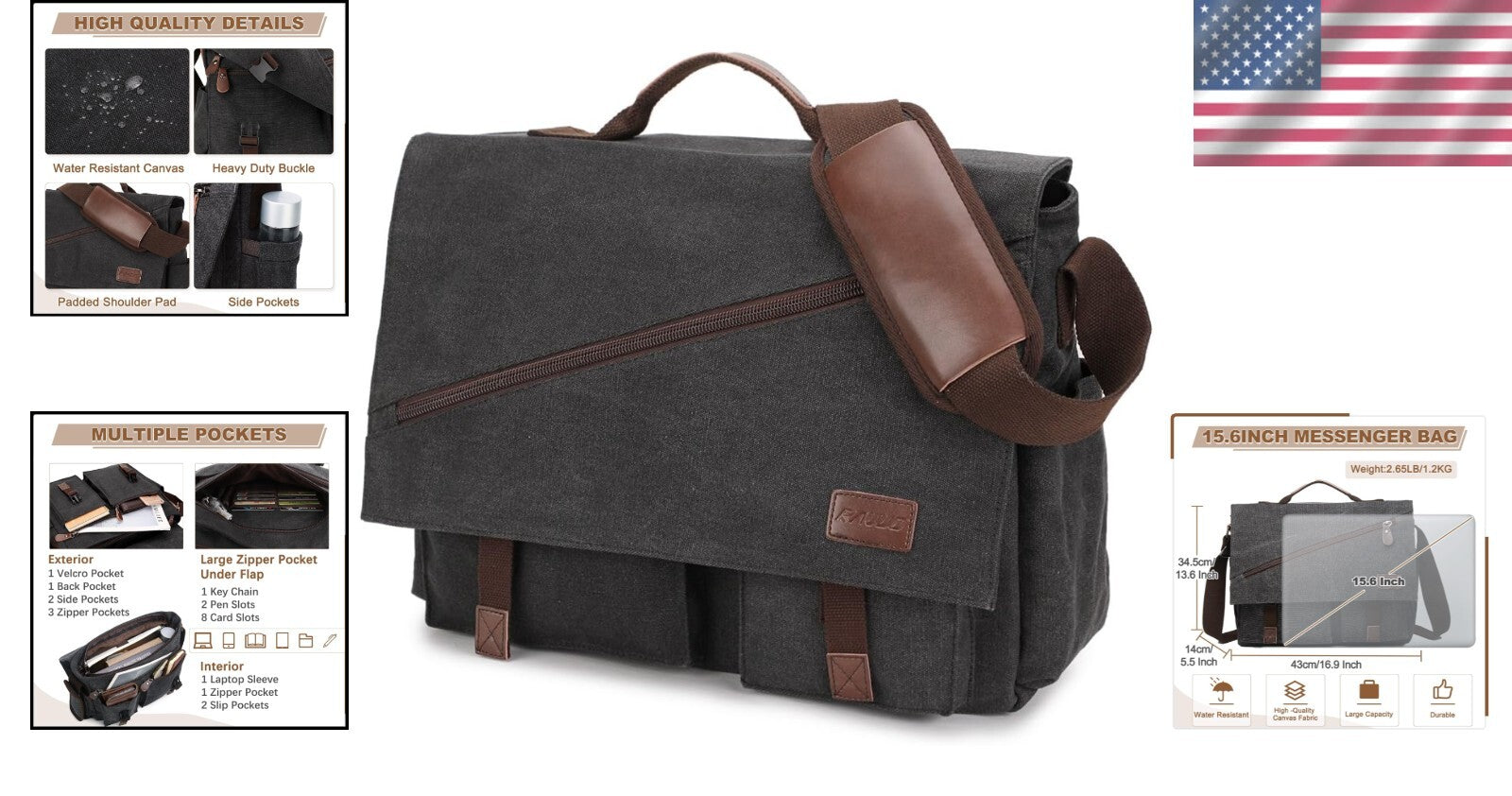 Elegant Cotton Canvas Messenger Bag with 14 Pockets - Ideal for Work & Travel