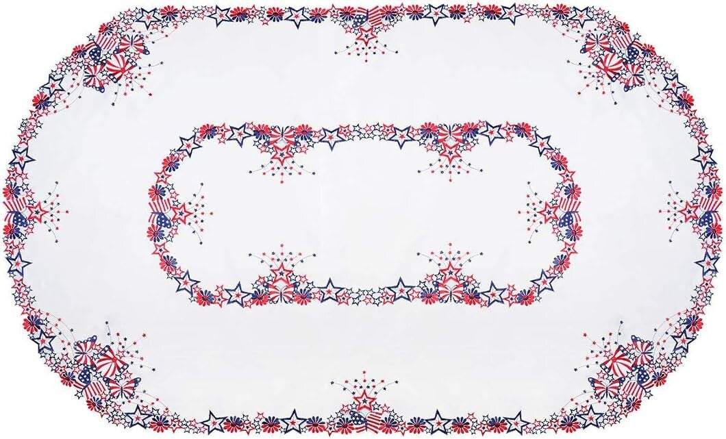 Elegant Floral Oval Tablecloth for Memorial Day – 58" x 89" Patriotic Design