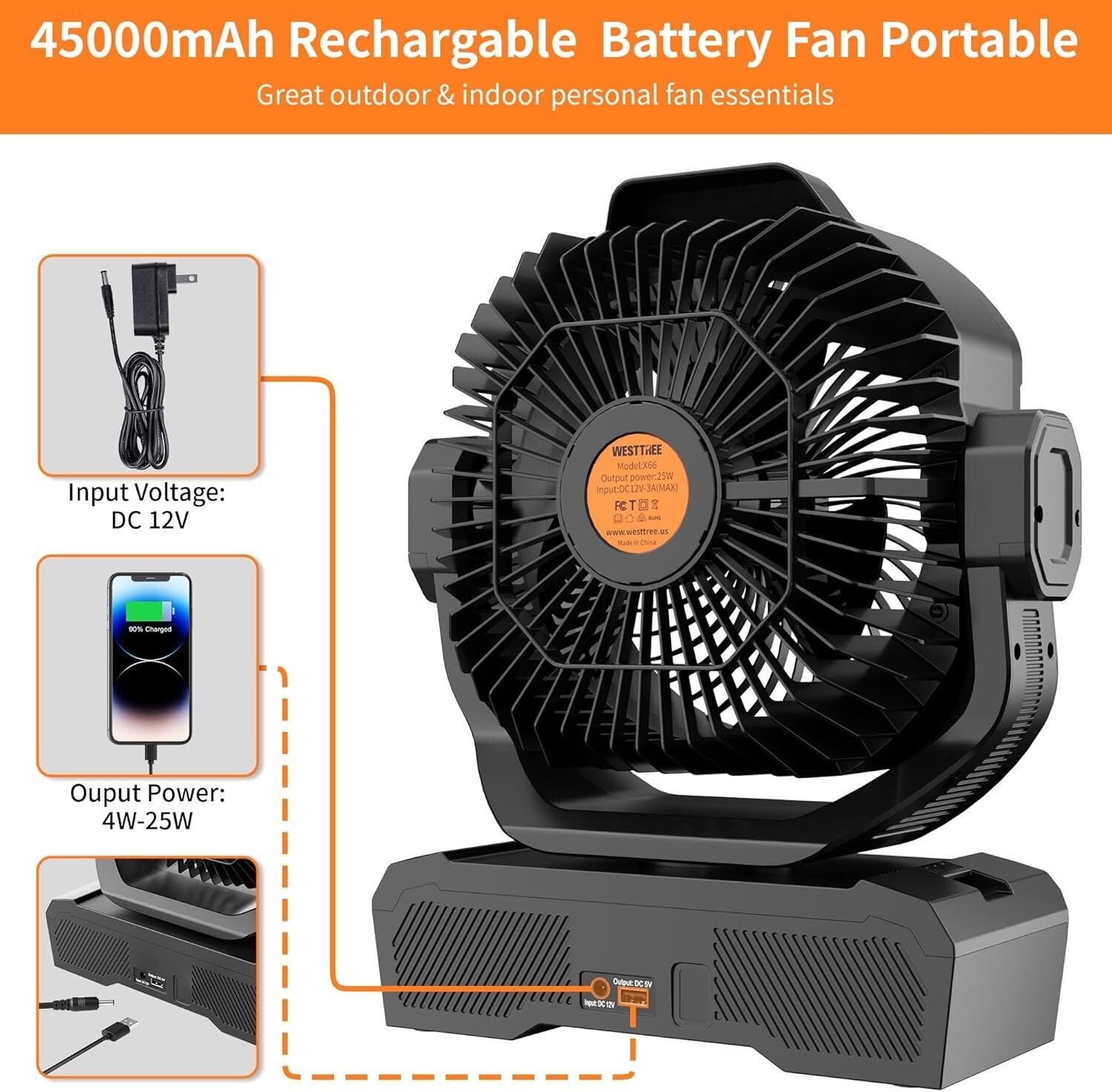 Portable 45000mAh Rechargeable Fan with Touch Control & Oscillation for Outdoors
