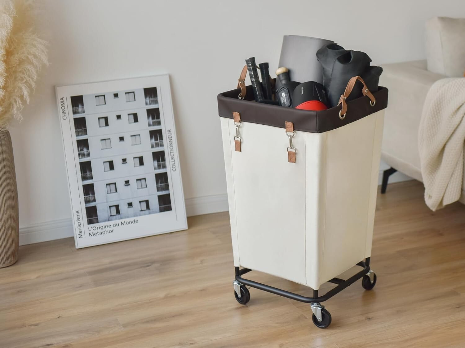 160L Rolling Canvas Laundry Basket with Wheels - Minimalist Beige Design