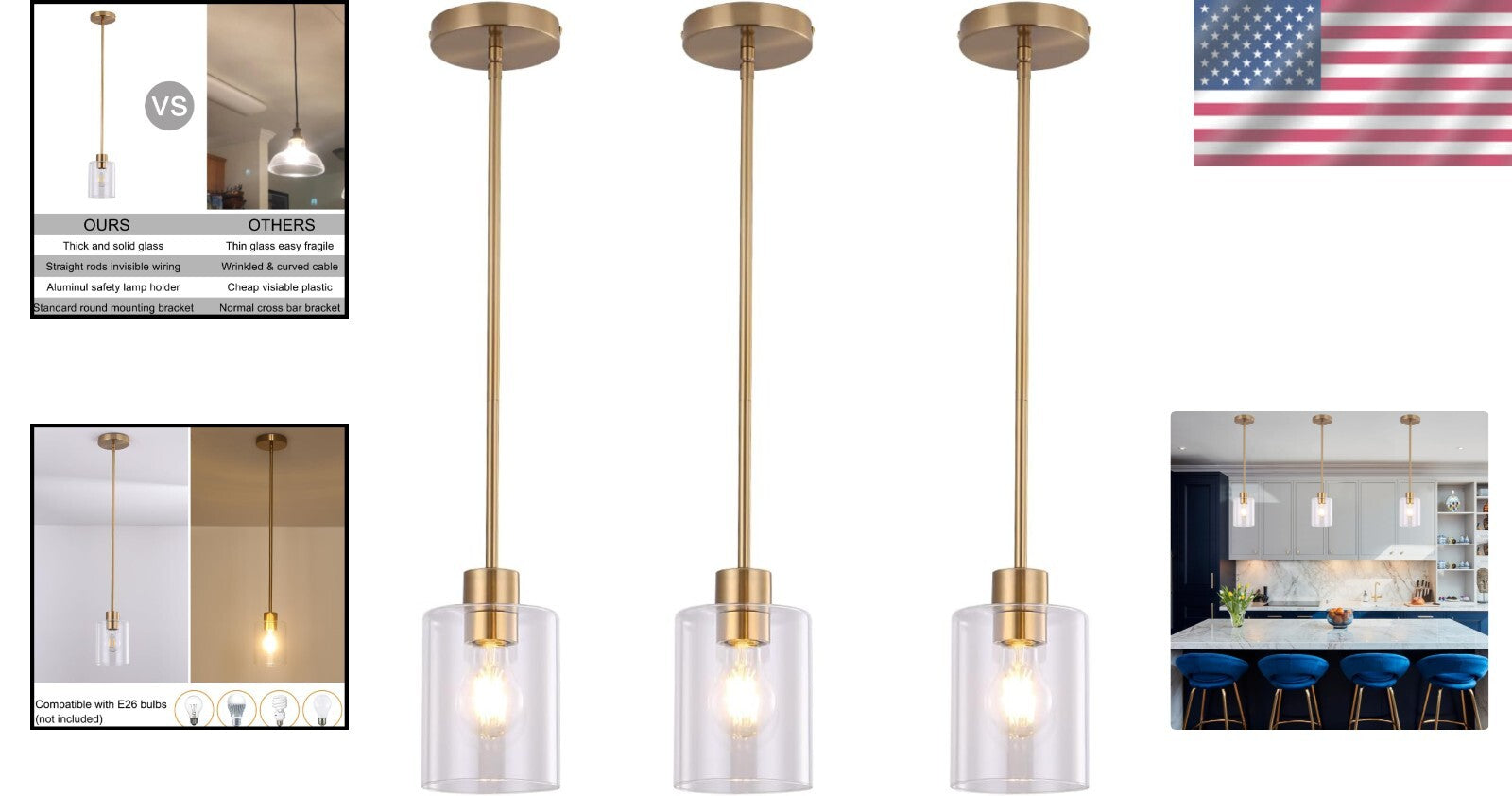 Height-Adjustable Brass Pendant Light Fixtures with Clear Glass Shade - 3 Units