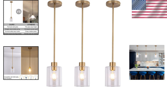 Height-Adjustable Brass Pendant Light Fixtures with Clear Glass Shade - 3 Units