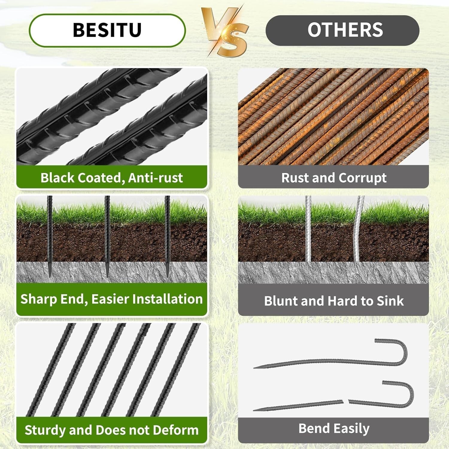 Durable Black Coated Rebar Stakes - 24" Length for Tents & More - 16 Pack