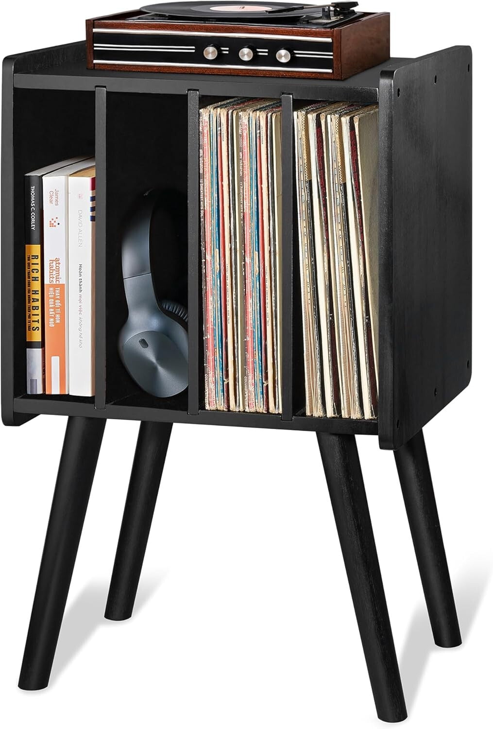 Elegant 2-Tier Wooden Record Player Stand with Anti-Slip Protection - 4 Cabinets