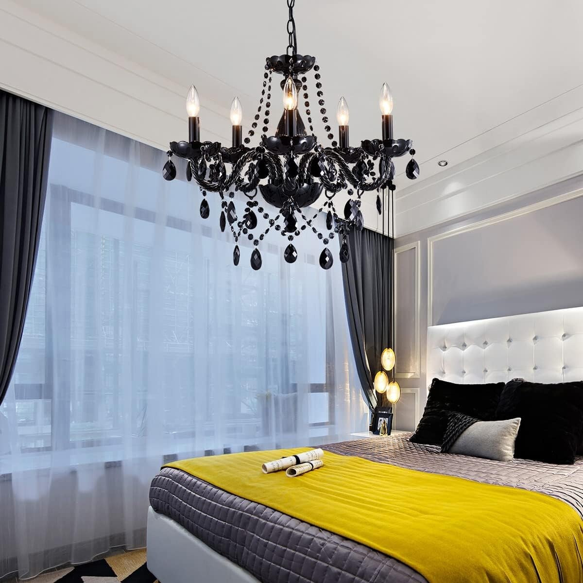 Adjustable Black Crystal Chandelier with 5 Dimmable Lights - 19" Ceiling Fixture
