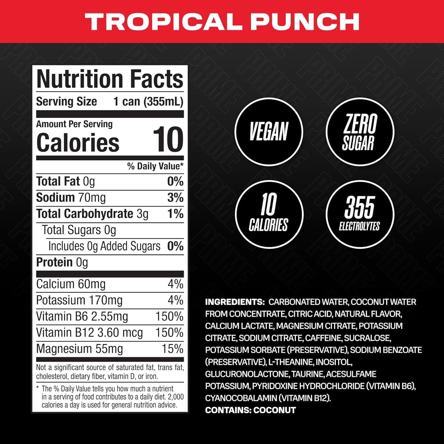 12-Pack PRIME Energy Tropical Punch - Hydrating Vegan Energy Drink with No Sugar
