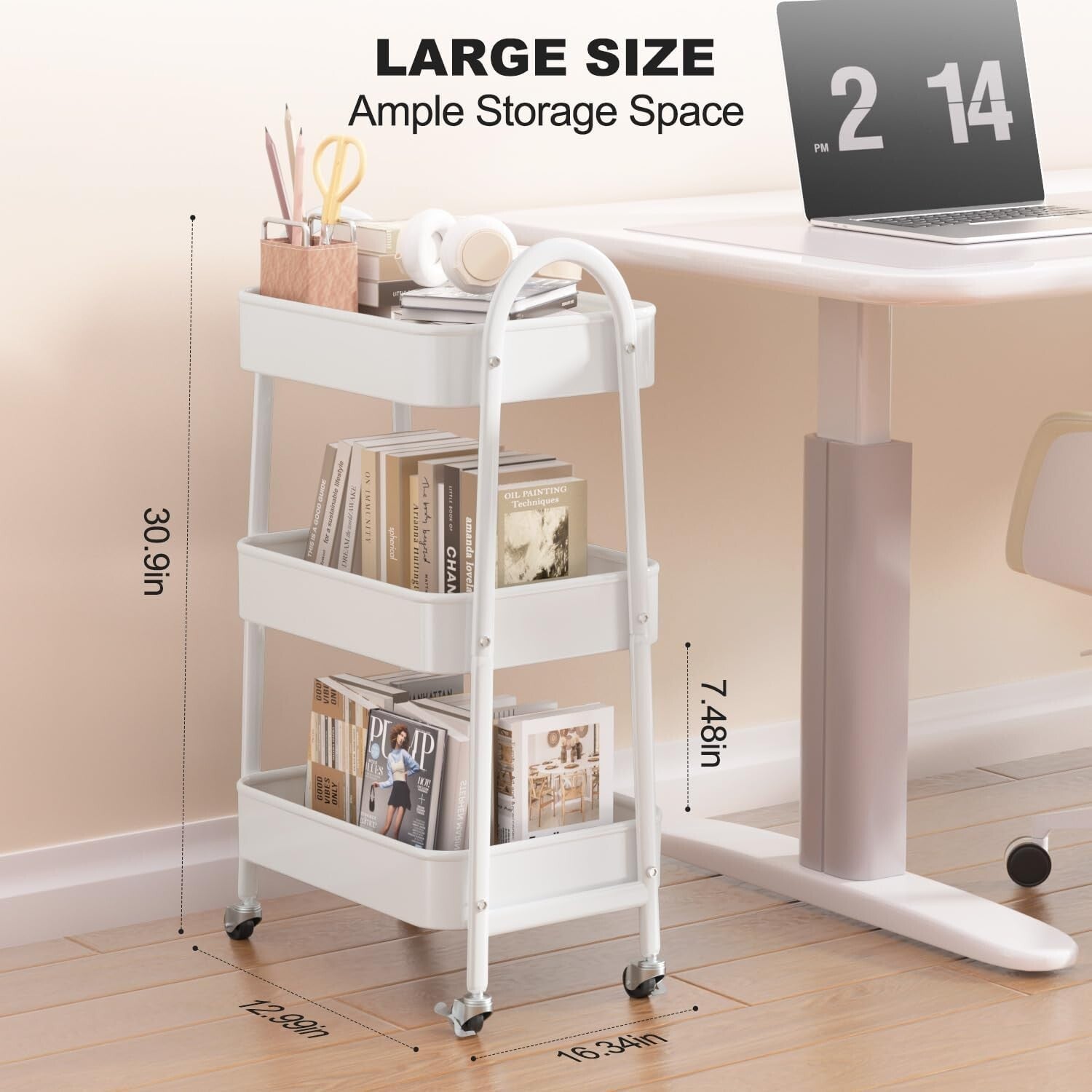 3 Tier Rolling Storage Cart - Lockable Wheels & Sturdy Metal Design in White