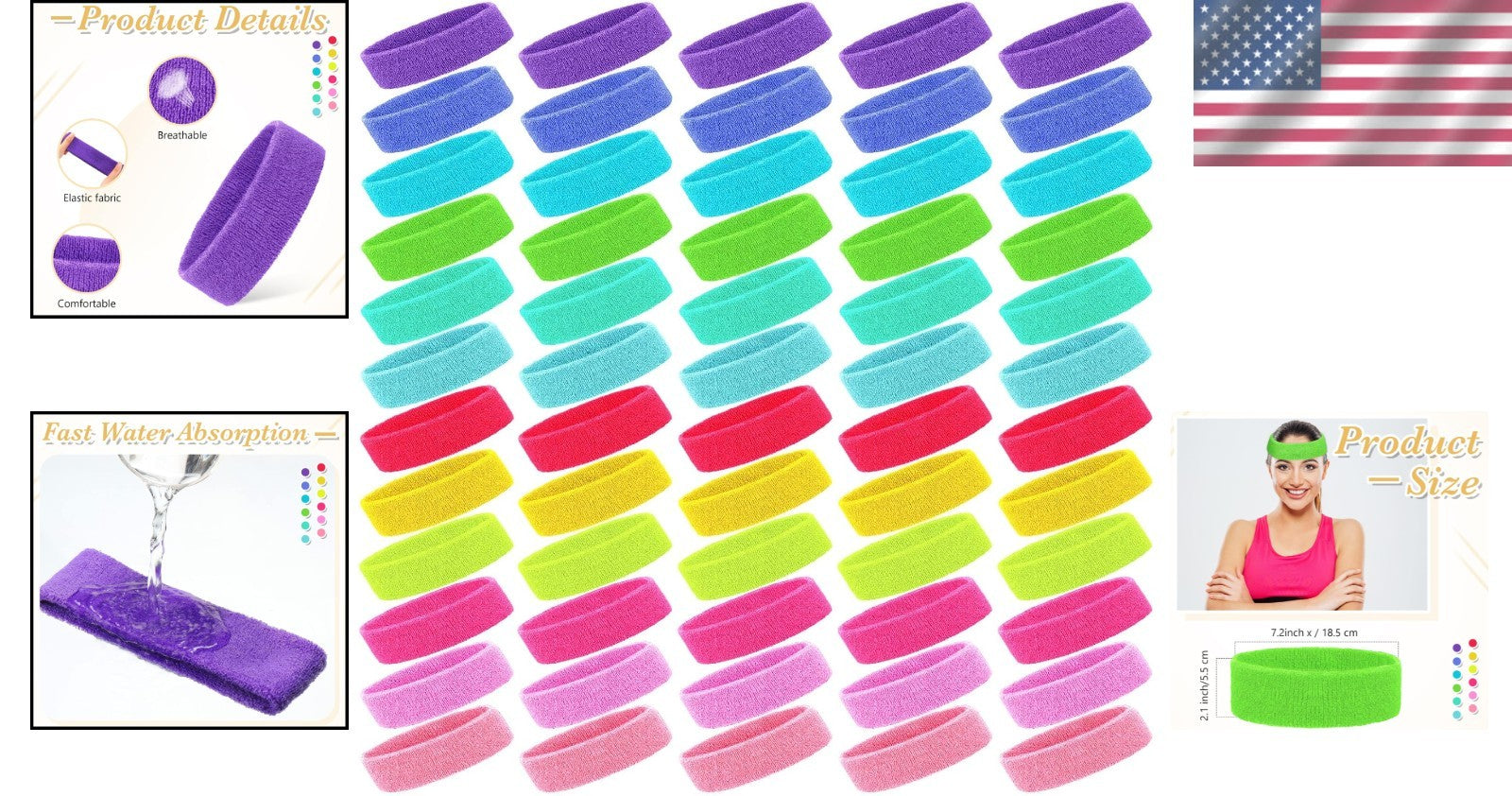 60 Pack Neon Sports Sweatbands - Breathable Headbands for Active Lifestyle
