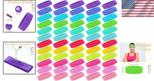 60 Pack Neon Sports Sweatbands - Breathable Headbands for Active Lifestyle