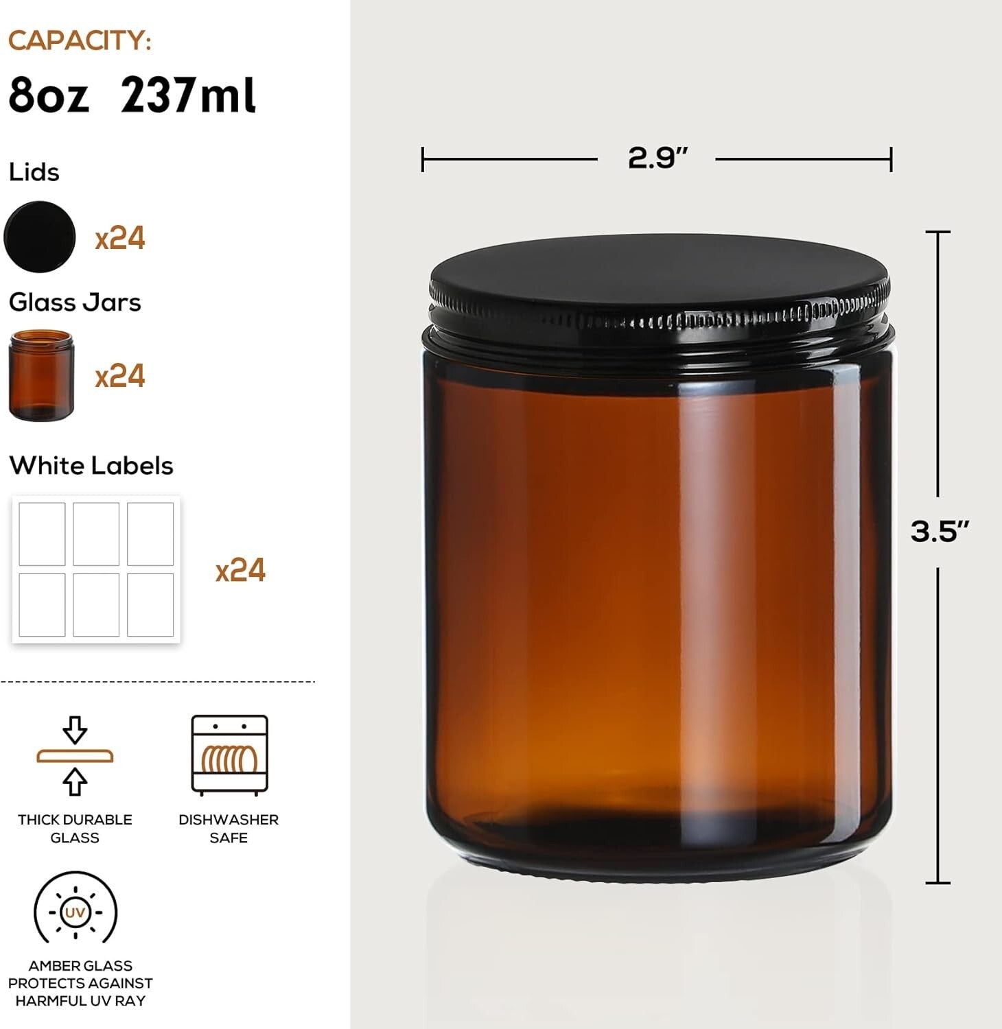 24-Pack Amber Glass Jars with Airtight Black Lids - Perfect for Candle Making