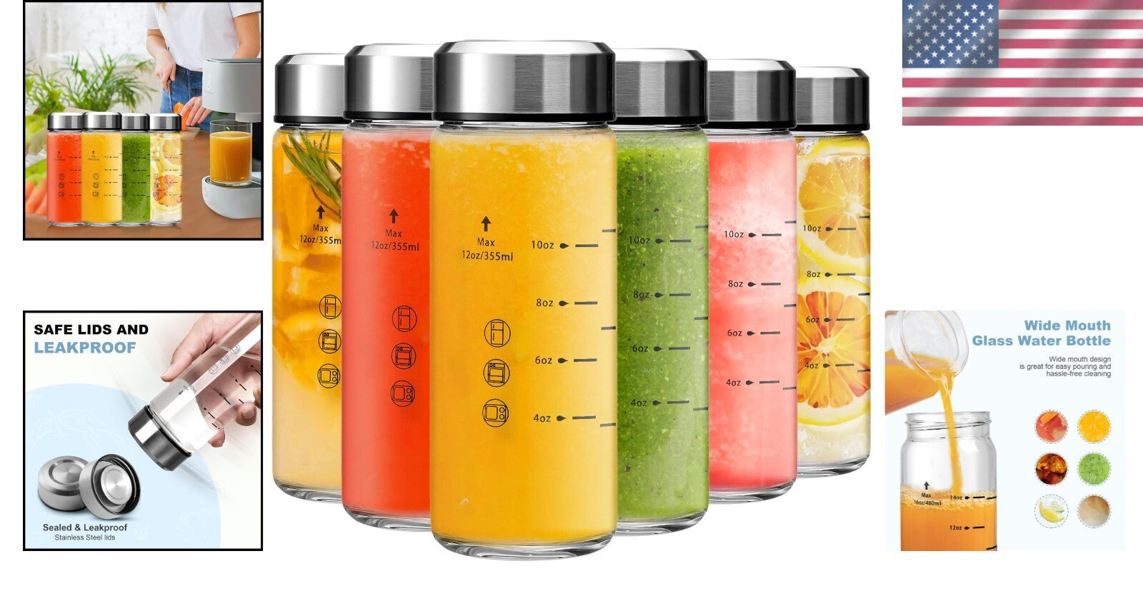 Set of 6 Durable 12oz Clear Glass Bottles with Airtight Stainless Steel Lids