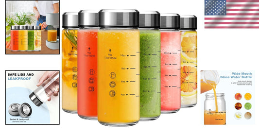 Set of 6 Durable 12oz Clear Glass Bottles with Airtight Stainless Steel Lids