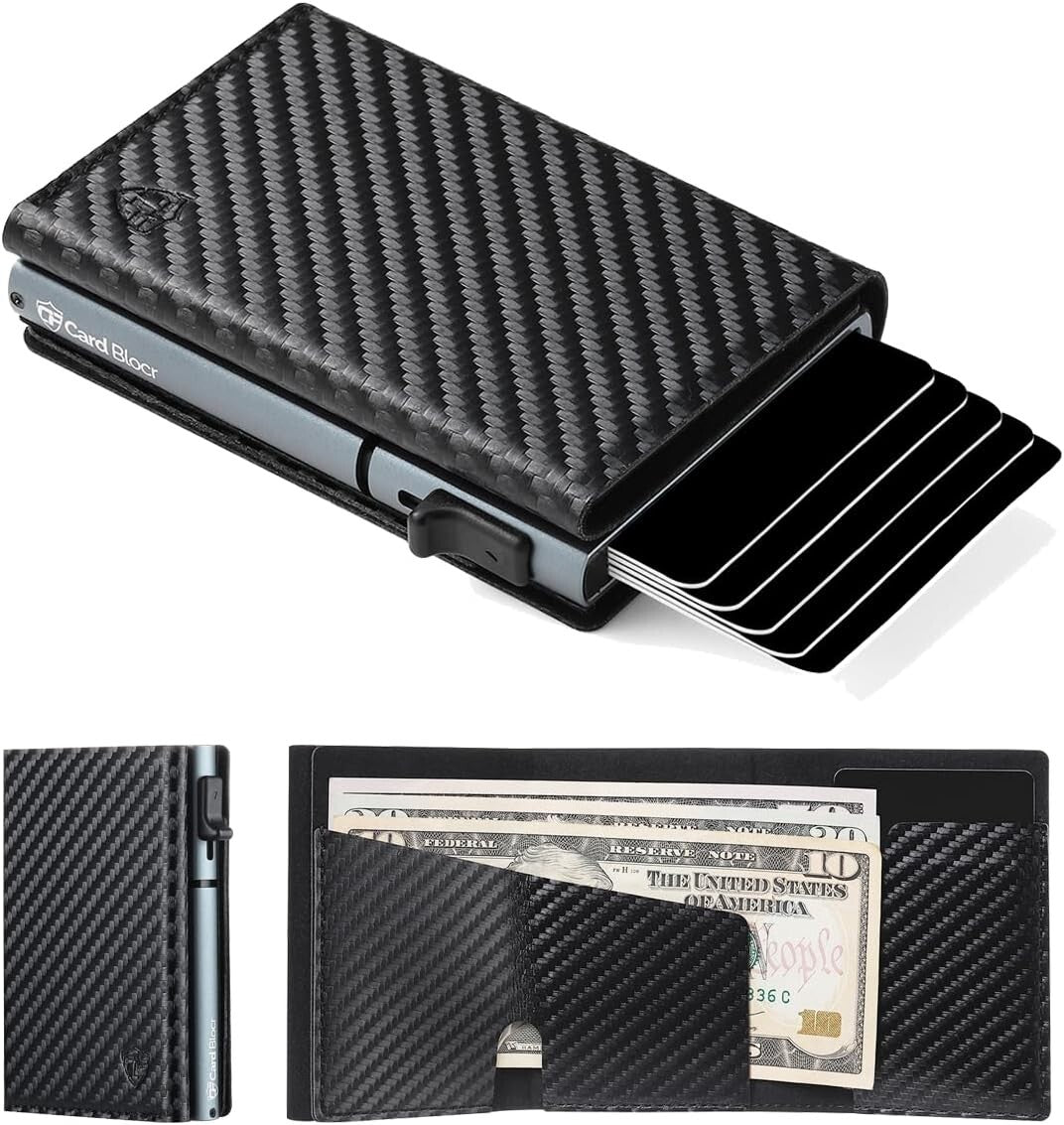 Sleek Men's Minimalist Wallet - Holds 6 Cards, RFID Protection in Black Titanium