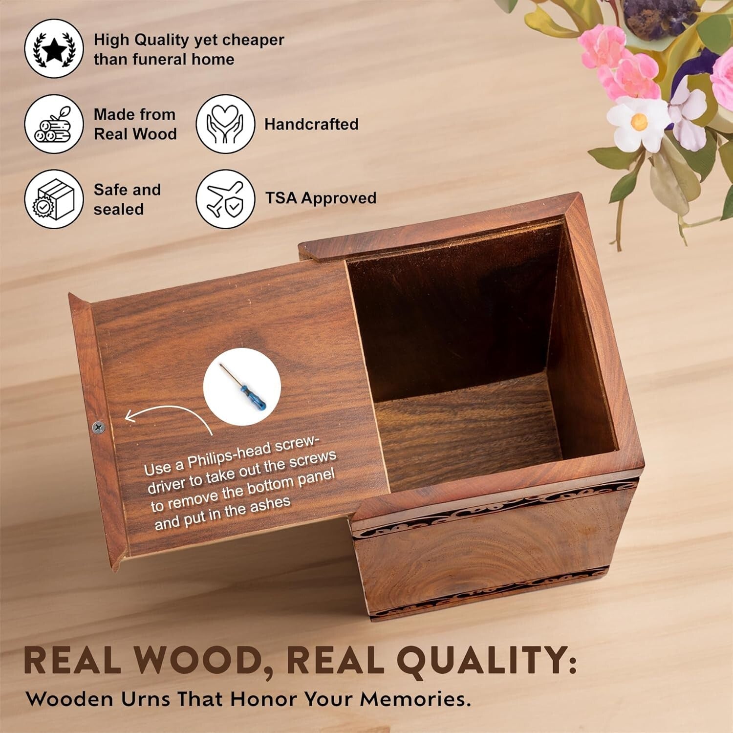 Premium Decorative Wooden Urn for Adults - Secure Sliding Opening Design