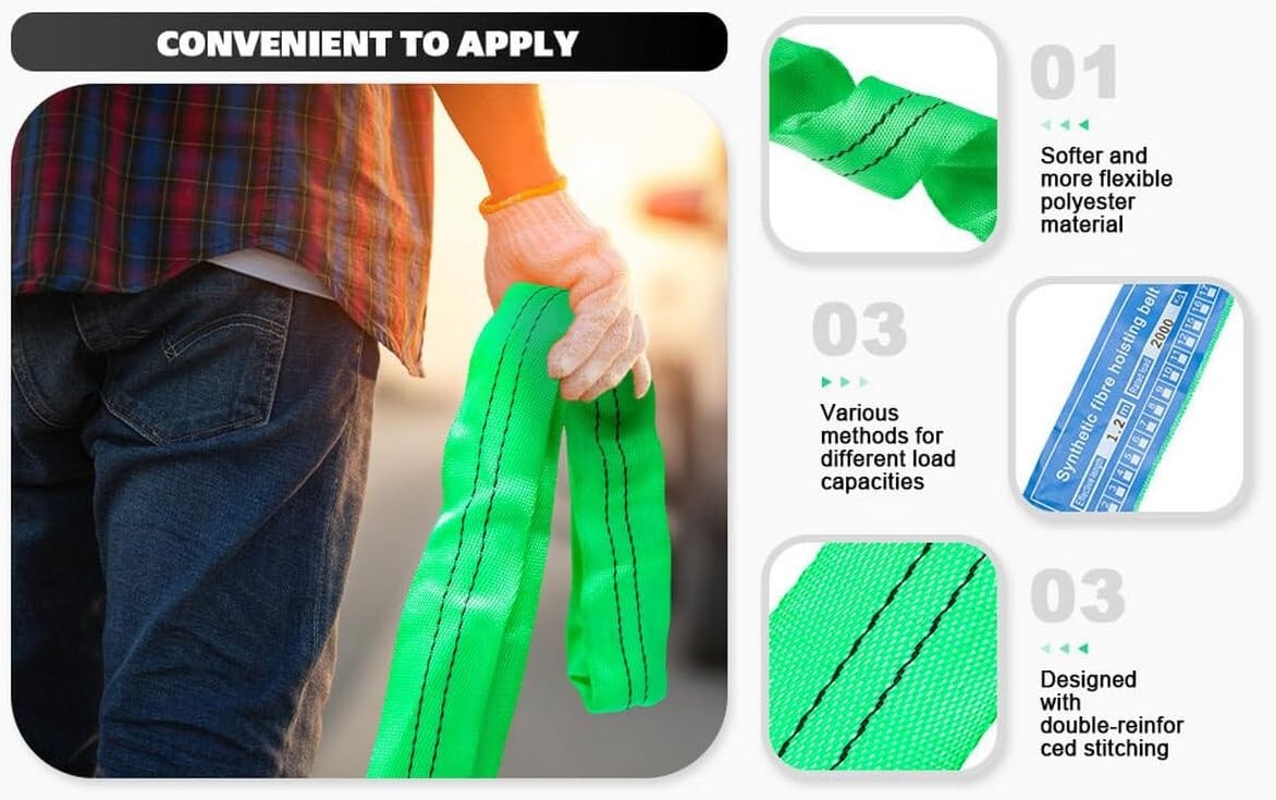 Heavy Duty 2" x 8' Lifting Sling Straps - Safe 4400 lbs Vertical Load - 2-Pack