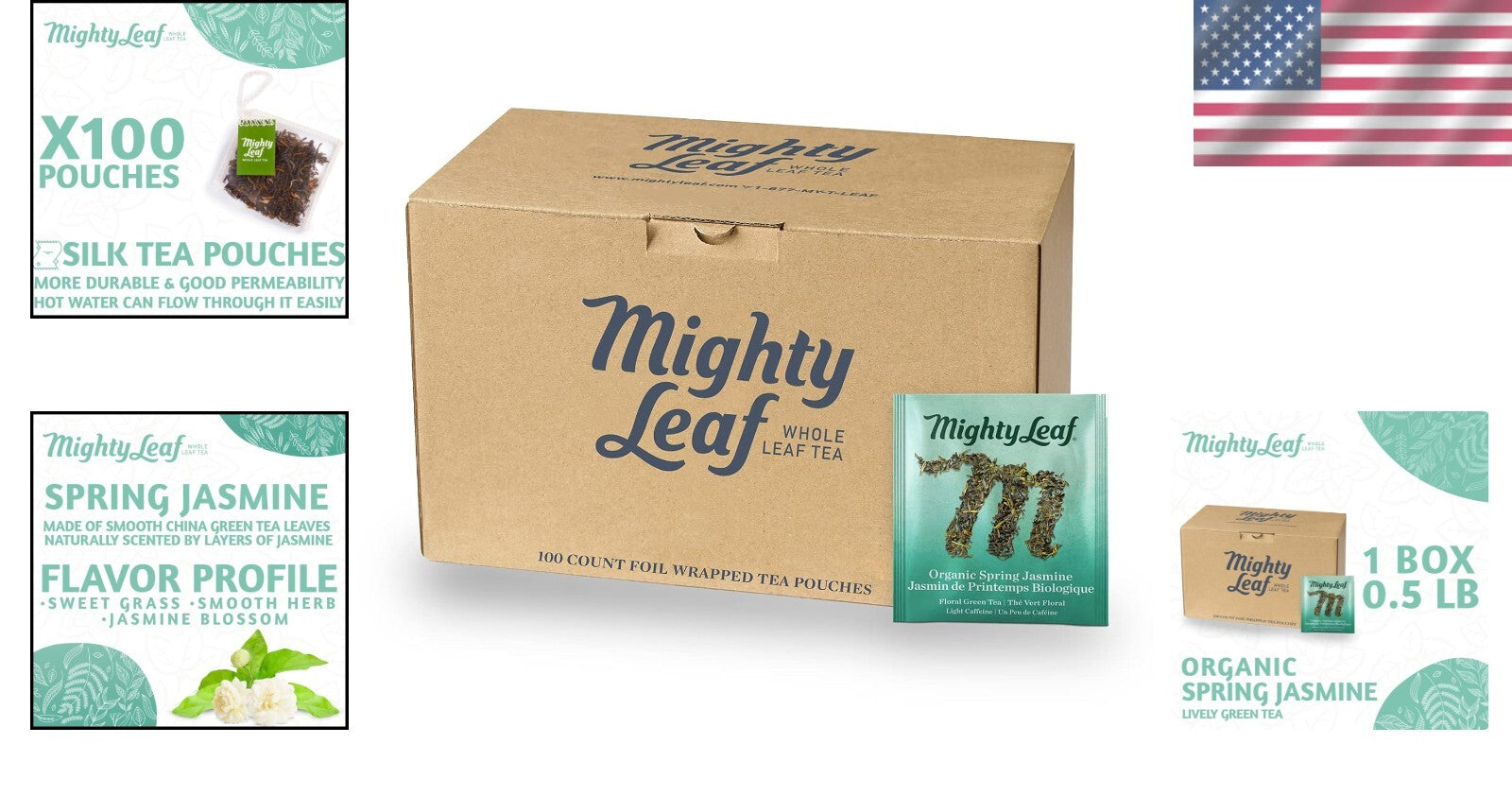 Aromatic Organic Jasmine Green Tea in Silk Bags - 100 Count Pouch Collection