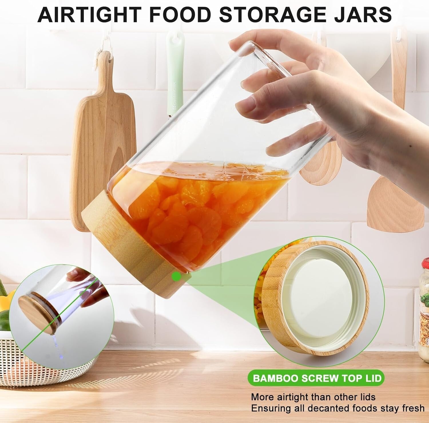 Wide Mouth Airtight Glass Jars with Bamboo Lids - 5 Sizes for Kitchen Pantry