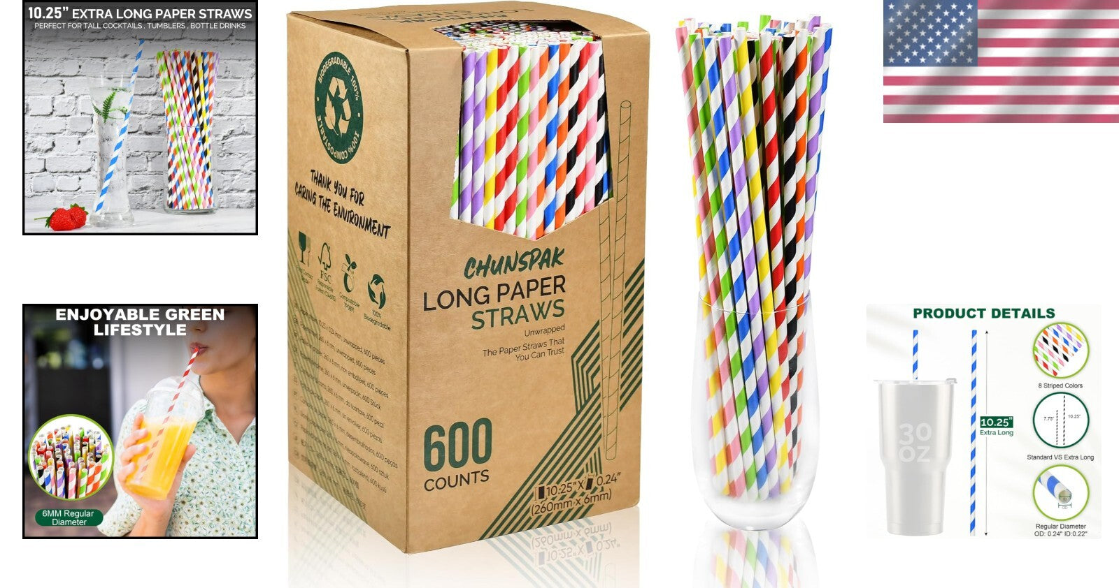 Durable Disposable Paper Straws - 10-Inches, 600 Count for Cocktails and More