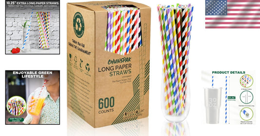Durable Disposable Paper Straws - 10-Inches, 600 Count for Cocktails and More