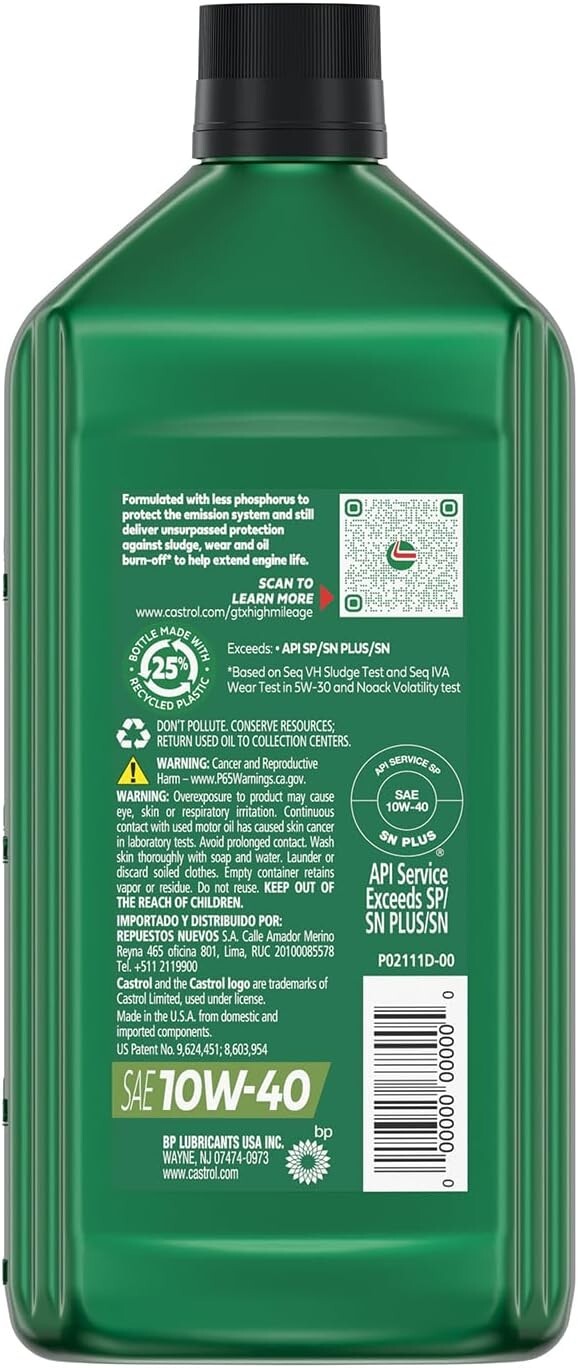 6 Quart Pack GTX High Mileage 10W-40 - Engine Protection & Fuel Economy