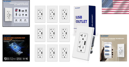Versatile 10-Pack USB Charger Wall Outlets for Type A & C Devices, Easy Install