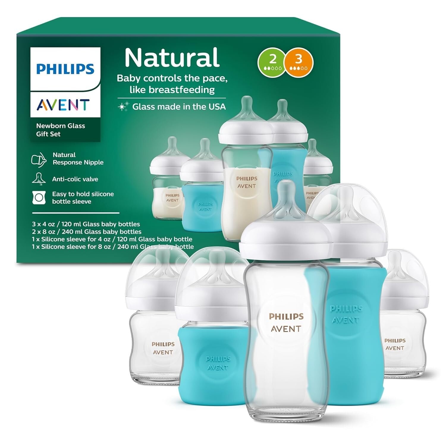 Philips Natural Newborn Glass Bottle Set - 3x4oz & 2x8oz with Ventilated Nipples