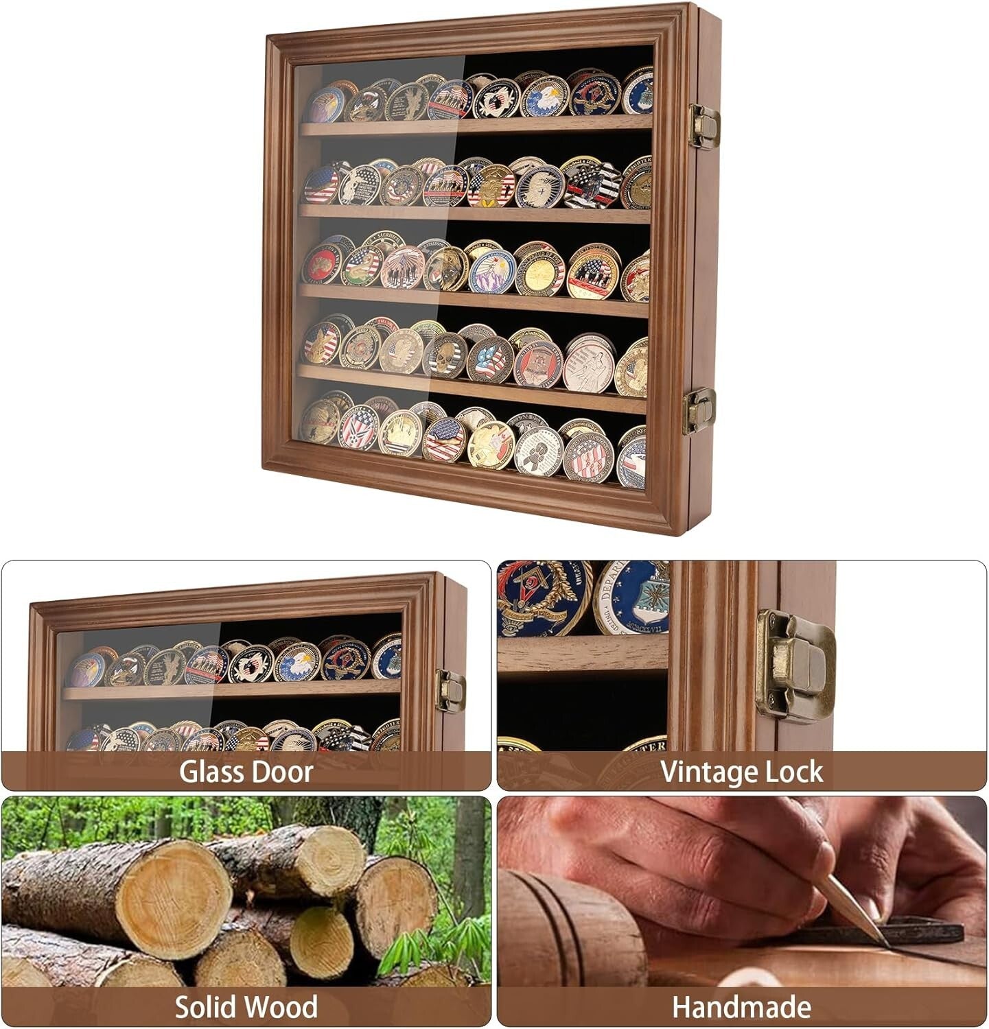 Elegant Military Challenge Coin Display Case with Toughened Glass & Shelves