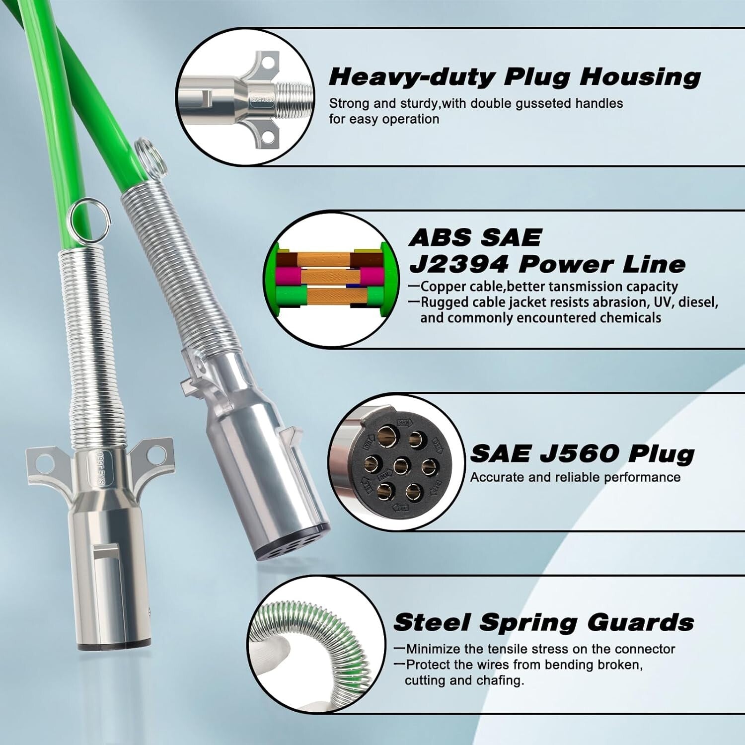 15FT Semi Truck Air Brake & Trailer Cord Kit with Corrosion-Resistant Materials