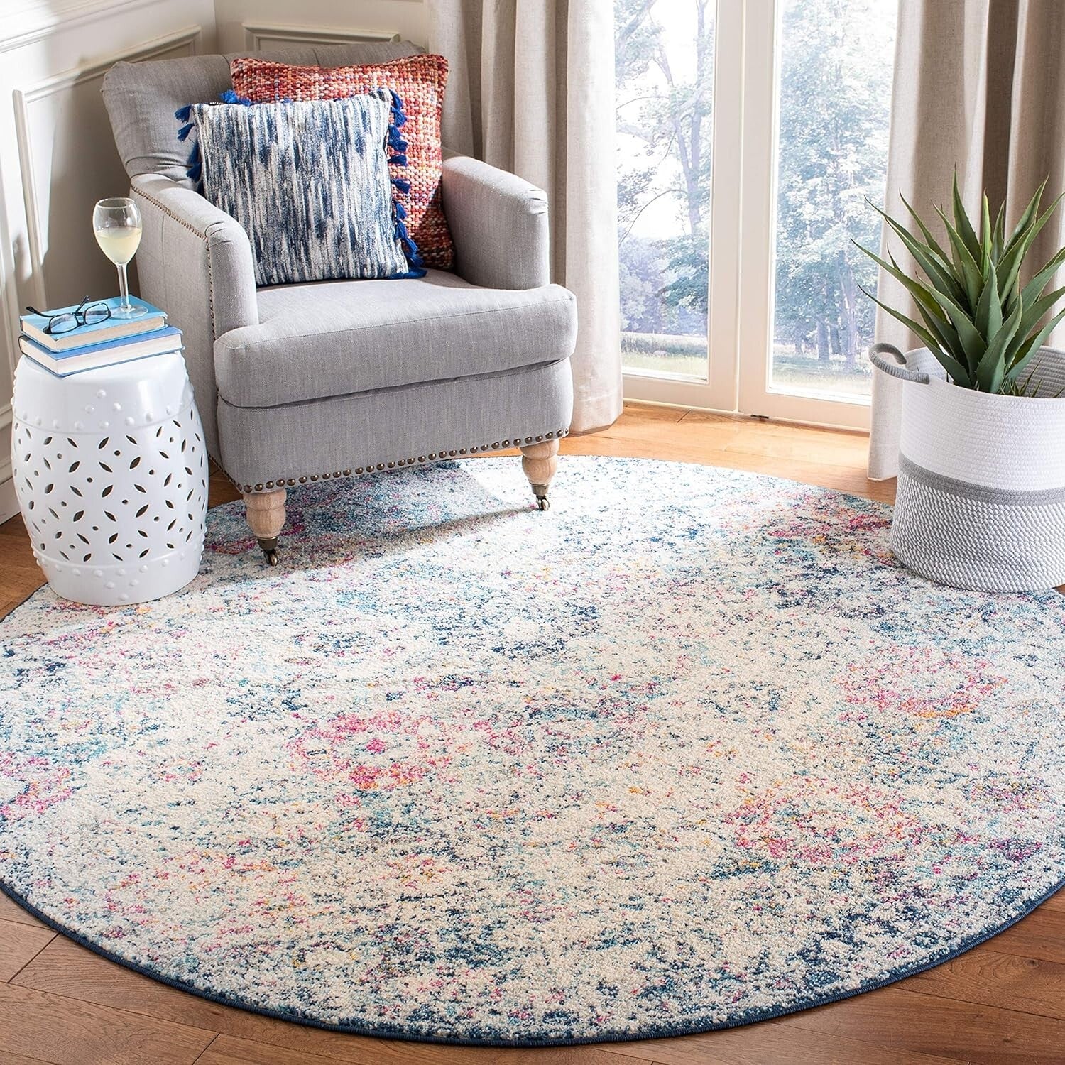 4' Round Navy/Teal Boho Floral Medallion Rug - Stain Resistant & Non-Shedding