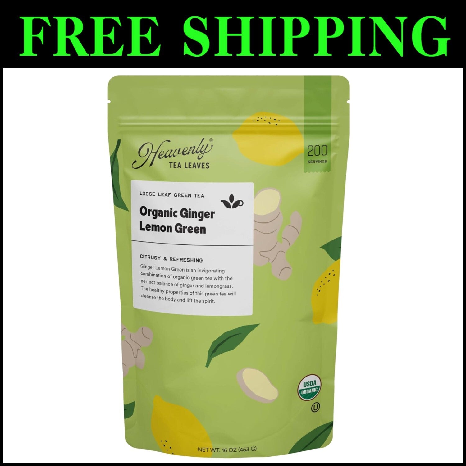 Invigorating Organic Ginger Lemon Green Tea - 1 lb Bulk Pouch, Enjoy Hot or Iced